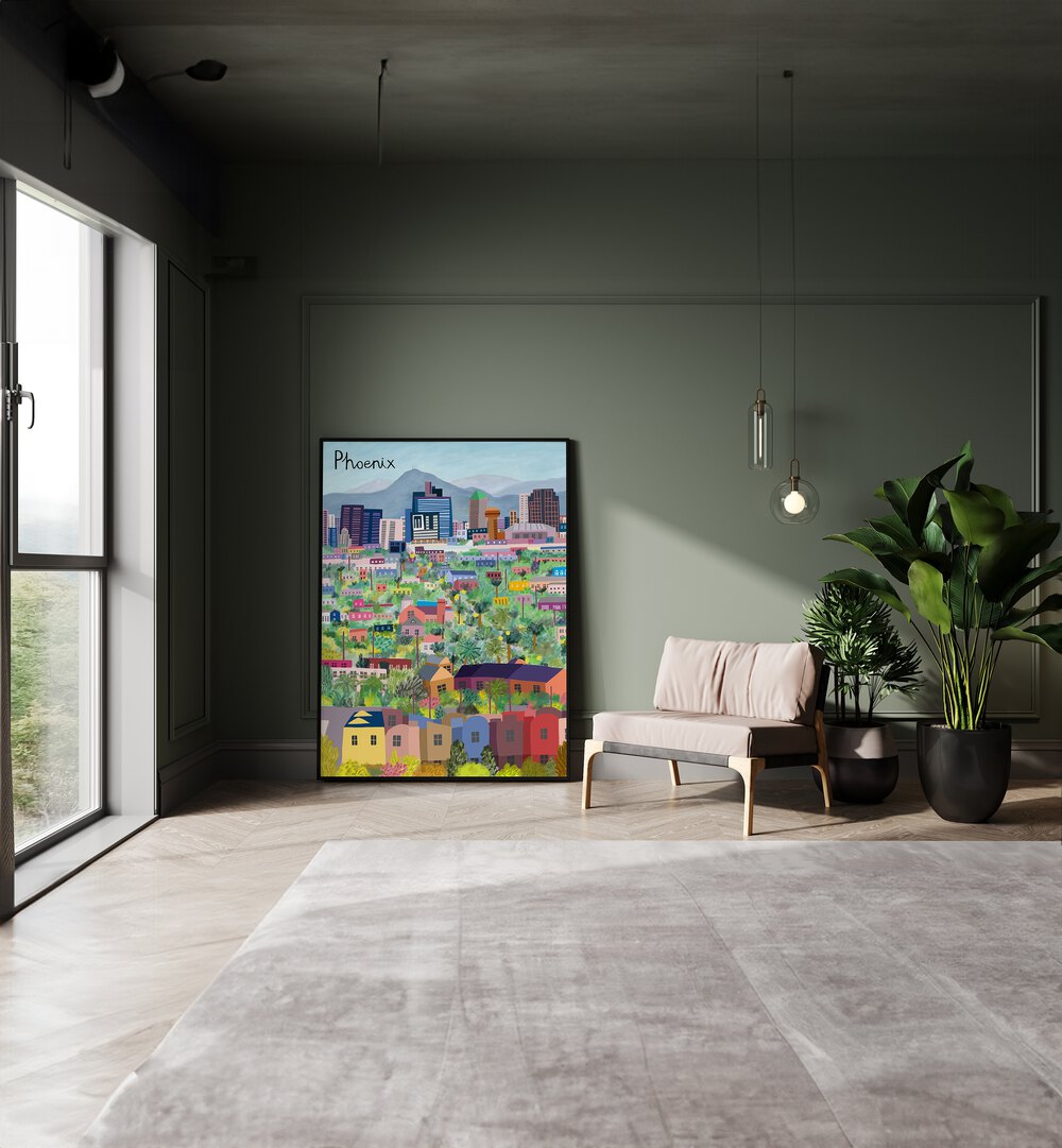 Vibrant VIEW OVER PHOENIX ARIZONA ILLUSTRATED, TRAVEL POSTERS by Carla Daly showcasing the city's stunning landscapes.