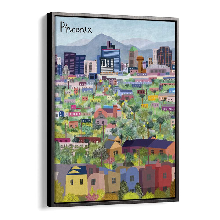 Vibrant VIEW OVER PHOENIX ARIZONA ILLUSTRATED, TRAVEL POSTERS showcasing the beauty of the city by Carla Daly.
