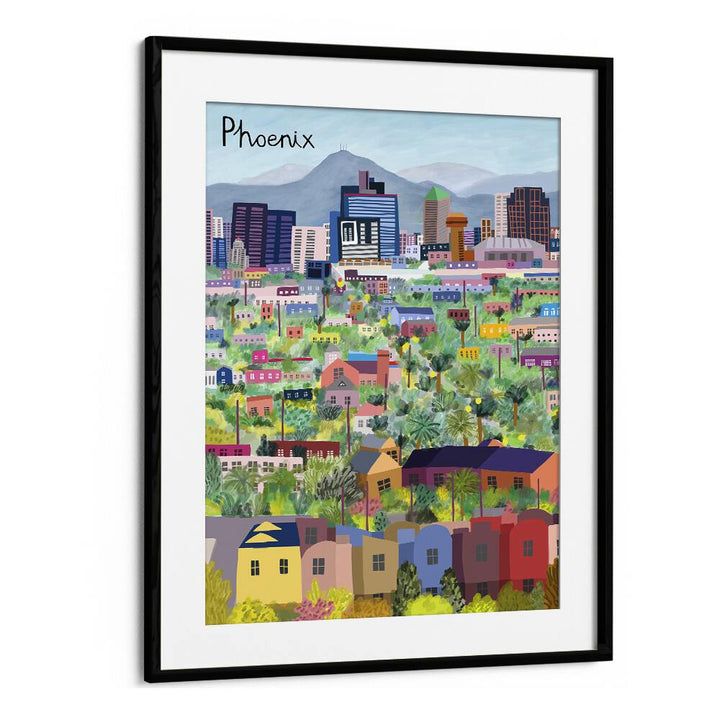 VIEW OVER PHOENIX ARIZONA ILLUSTRATED, TRAVEL POSTERS showcase vibrant cityscapes by Carla Daly in a stylish black frame.