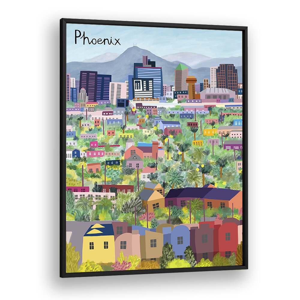 Vibrant VIEW OVER PHOENIX ARIZONA ILLUSTRATED, TRAVEL POSTERS by Carla Daly showcasing the city's stunning landscape.