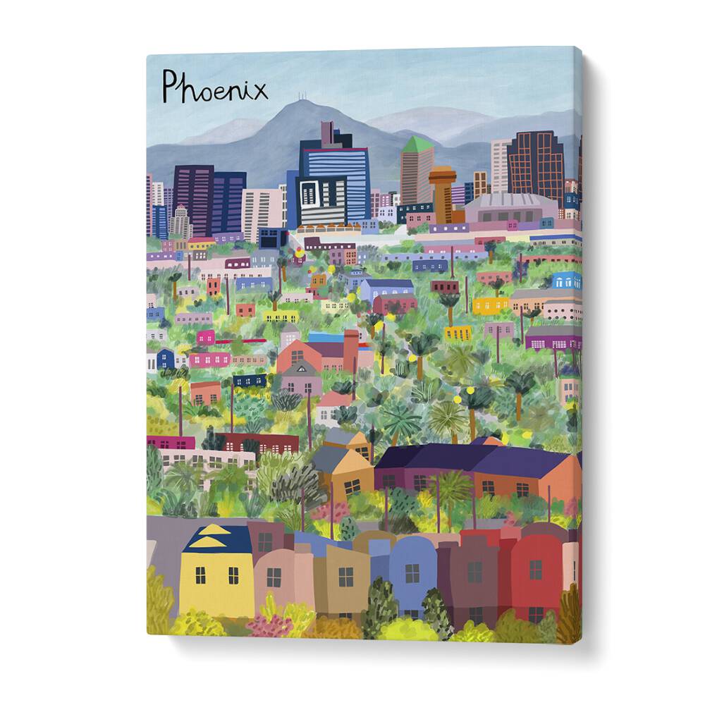 Colorful VIEW OVER PHOENIX ARIZONA ILLUSTRATED, TRAVEL POSTERS by Carla Daly showcasing vibrant city landscapes.