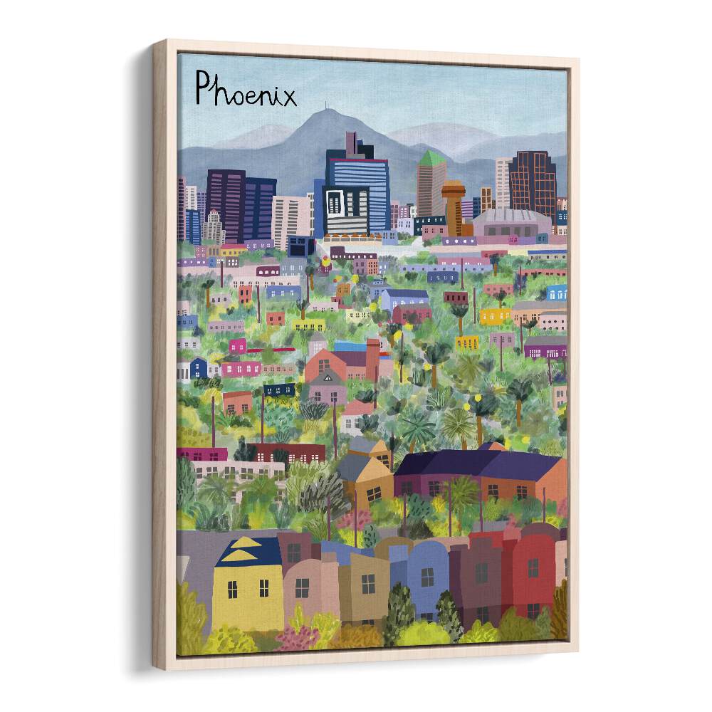 Vibrant VIEW OVER PHOENIX ARIZONA ILLUSTRATED, TRAVEL POSTERS showcasing the city's stunning landscapes by Carla Daly.