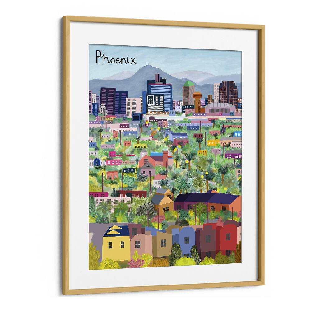 Vibrant VIEW OVER PHOENIX ARIZONA ILLUSTRATED, TRAVEL POSTERS by Carla Daly in an oak frame, showcasing cityscapes.