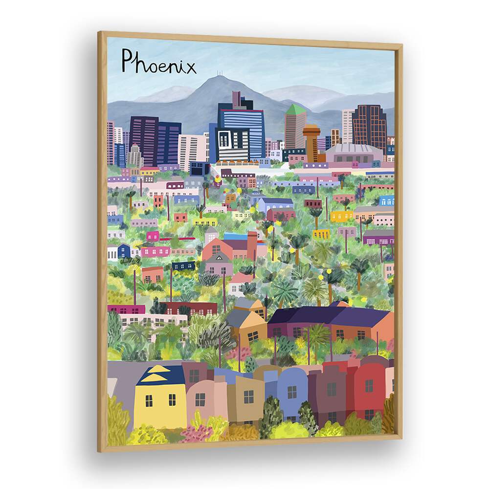Vibrant VIEW OVER PHOENIX ARIZONA ILLUSTRATED, TRAVEL POSTERS by Carla Daly showcasing the city's stunning landscape.