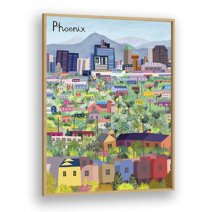 Vibrant VIEW OVER PHOENIX ARIZONA ILLUSTRATED, TRAVEL POSTERS by Carla Daly showcasing the city's stunning landscape.
