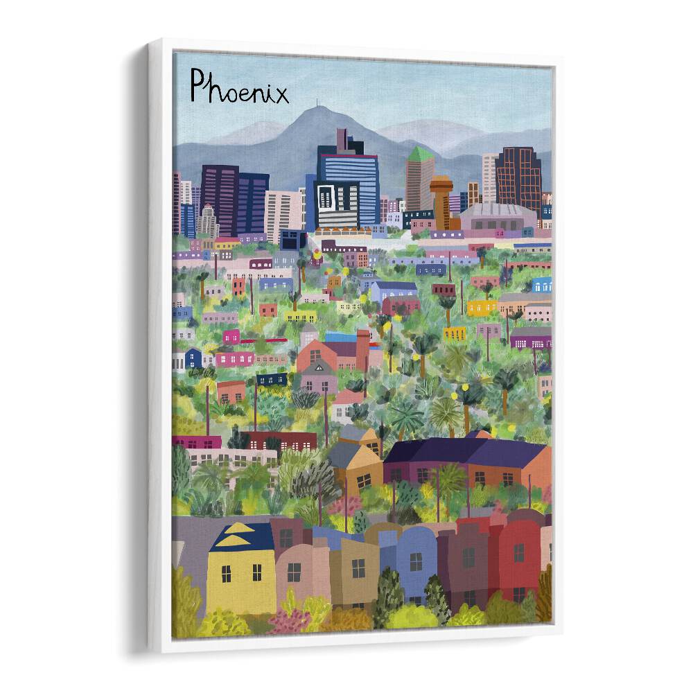 Stunning VIEW OVER PHOENIX ARIZONA ILLUSTRATED, TRAVEL POSTERS by Carla Daly showcases vibrant city landscapes.