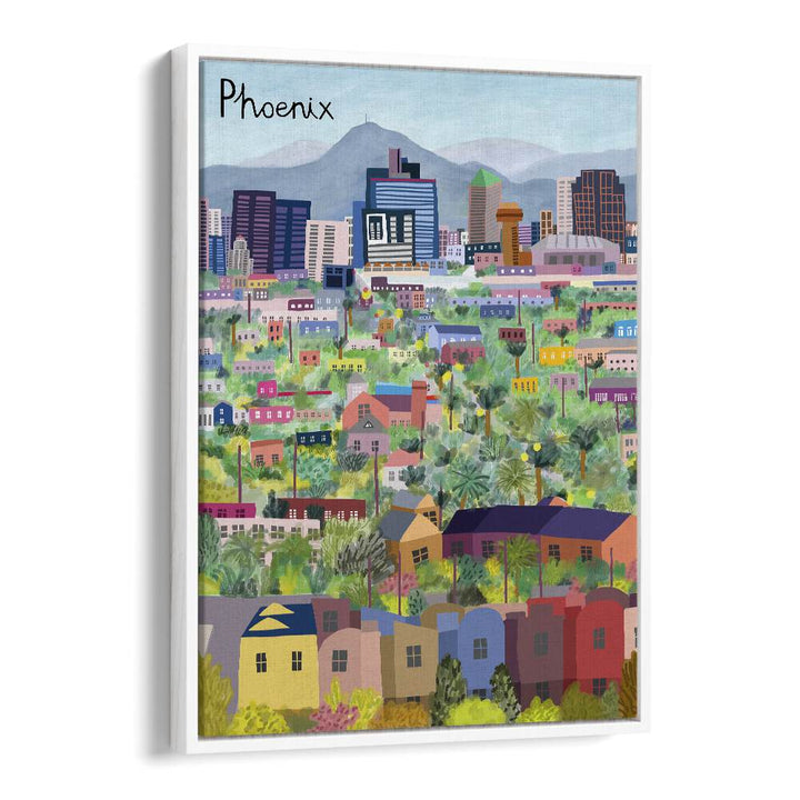 Stunning VIEW OVER PHOENIX ARIZONA ILLUSTRATED, TRAVEL POSTERS by Carla Daly showcases vibrant city landscapes.