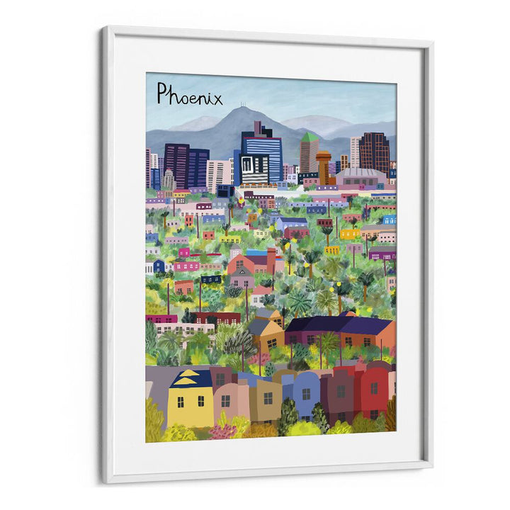 Vibrant VIEW OVER PHOENIX ARIZONA ILLUSTRATED, TRAVEL POSTERS by Carla Daly showcases the city’s beauty in stunning detail.