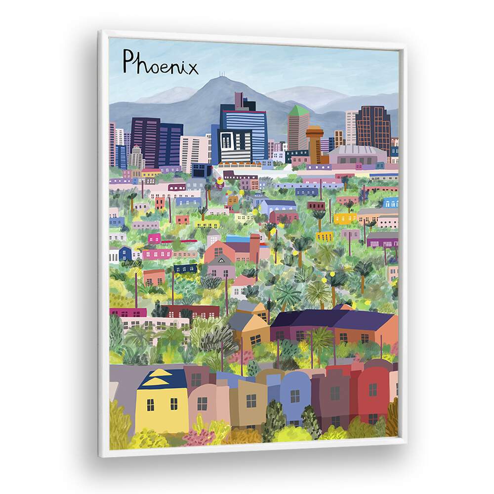 Colorful VIEW OVER PHOENIX ARIZONA ILLUSTRATED, TRAVEL POSTERS by Carla Daly showcasing the city's vibrant landscape.