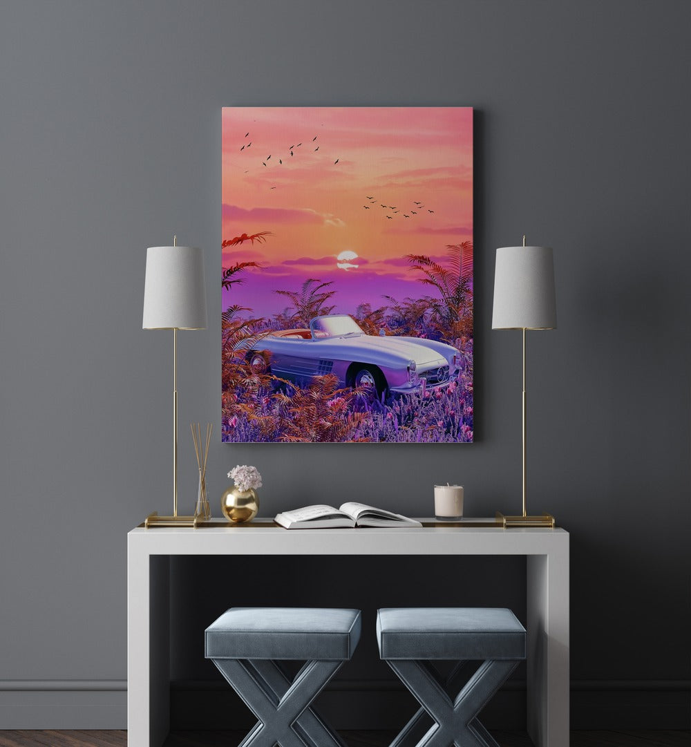 Explore VINTAGE PARADISE, SURREAL ART PRINTS featuring a dreamy landscape with a classic car by Ritvik Takkar.