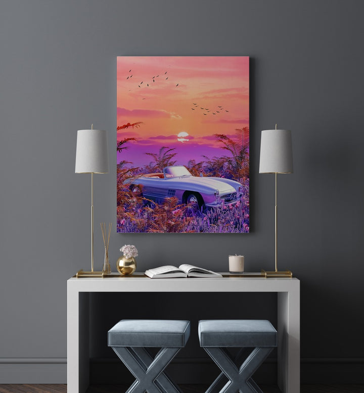 Explore VINTAGE PARADISE, SURREAL ART PRINTS featuring a dreamy landscape with a classic car by Ritvik Takkar.