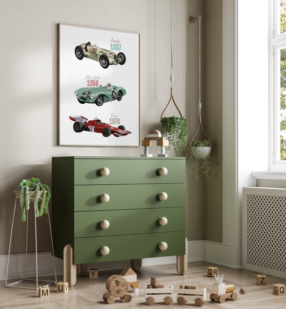 Transform your child's space with VINTAGE RACE CARS, KIDS ROOM PAINTINGS by Goed Blauw, featuring iconic racing cars.