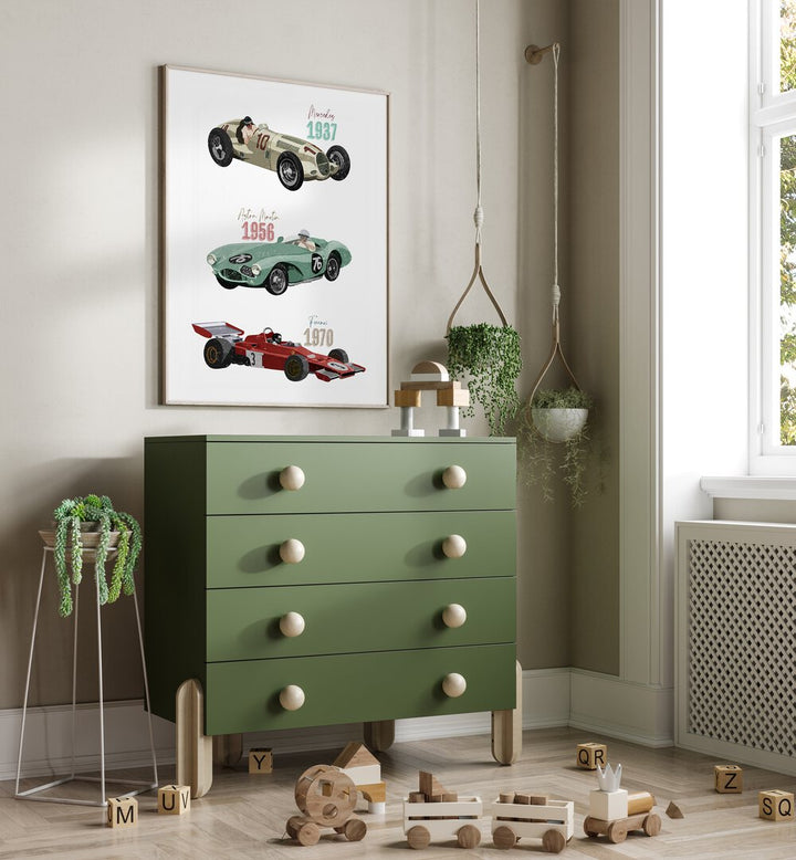 Transform your child's space with VINTAGE RACE CARS, KIDS ROOM PAINTINGS by Goed Blauw, featuring iconic racing cars.