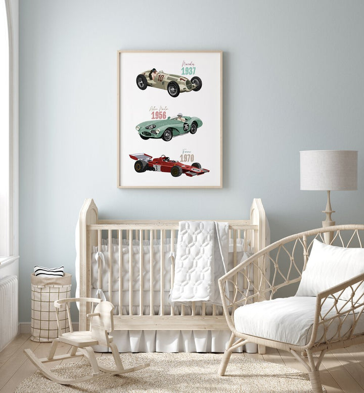 Transform your child's space with VINTAGE RACE CARS, KIDS ROOM PAINTINGS by Goed Blauw, showcasing iconic racing cars.