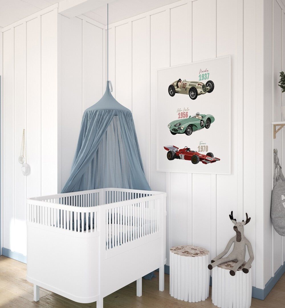 Transform your child's space with VINTAGE RACE CARS, KIDS ROOM PAINTINGS by Goed Blauw, featuring classic racing cars.