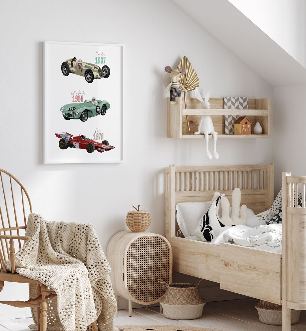 Transform your child's space with VINTAGE RACE CARS, KIDS ROOM PAINTINGS by Goed Blauw, featuring iconic racing cars.