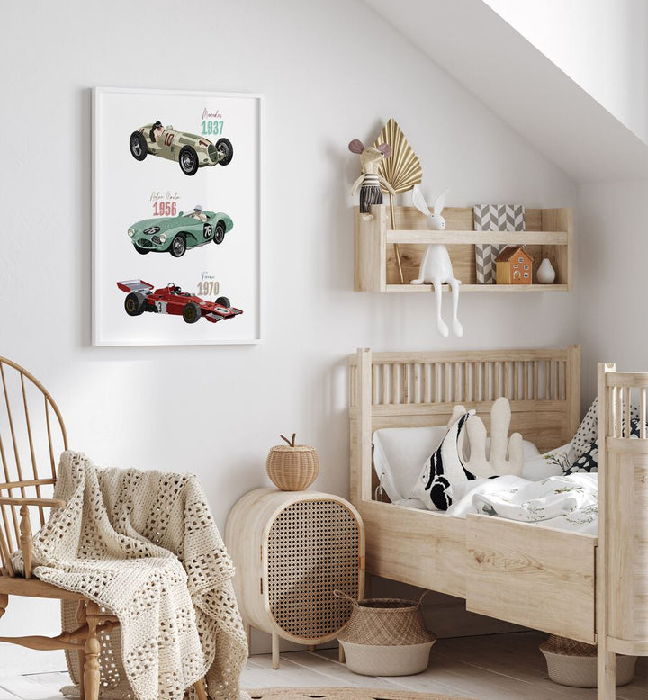 Transform your child's space with VINTAGE RACE CARS, KIDS ROOM PAINTINGS by Goed Blauw, featuring iconic racing cars.