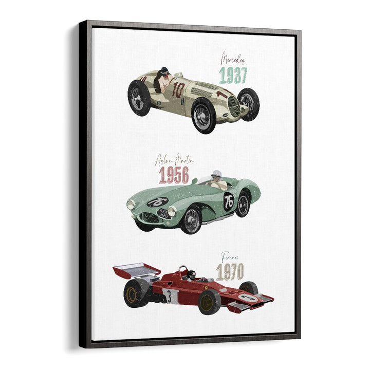 Decorate with VINTAGE RACE CARS, KIDS ROOM PAINTINGS by Goed Blauw, showcasing iconic vintage racing cars in vibrant colors.