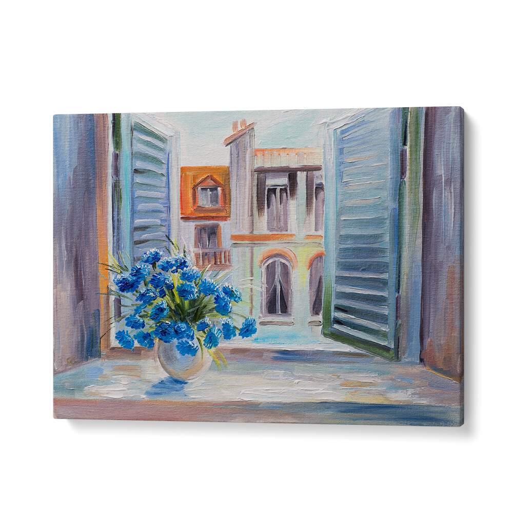 Vintage Window Blossom, Vintage European Paintings featuring vibrant flowers and charming views of classic architecture.