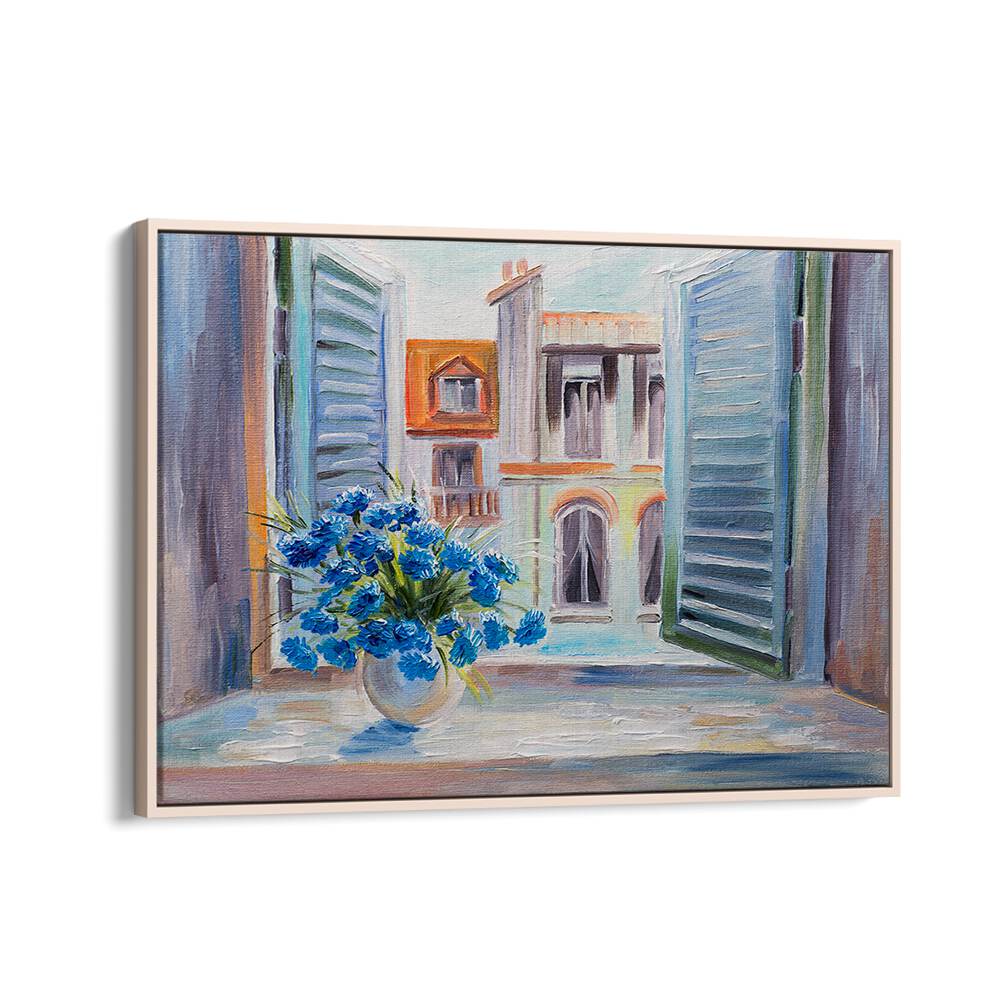 VINTAGE WINDOW BLOSSOM, VINTAGE EUROPEAN PAINTINGS showcases vibrant flowers through open shutters, exuding timeless elegance.