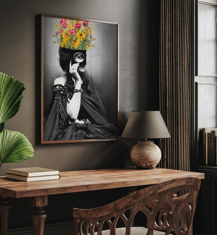 Elegant VINTAGE WOMAN WITH FLOWERS, ALTERED ART PRINTS showcased in a stylish interior, perfect for timeless decor.