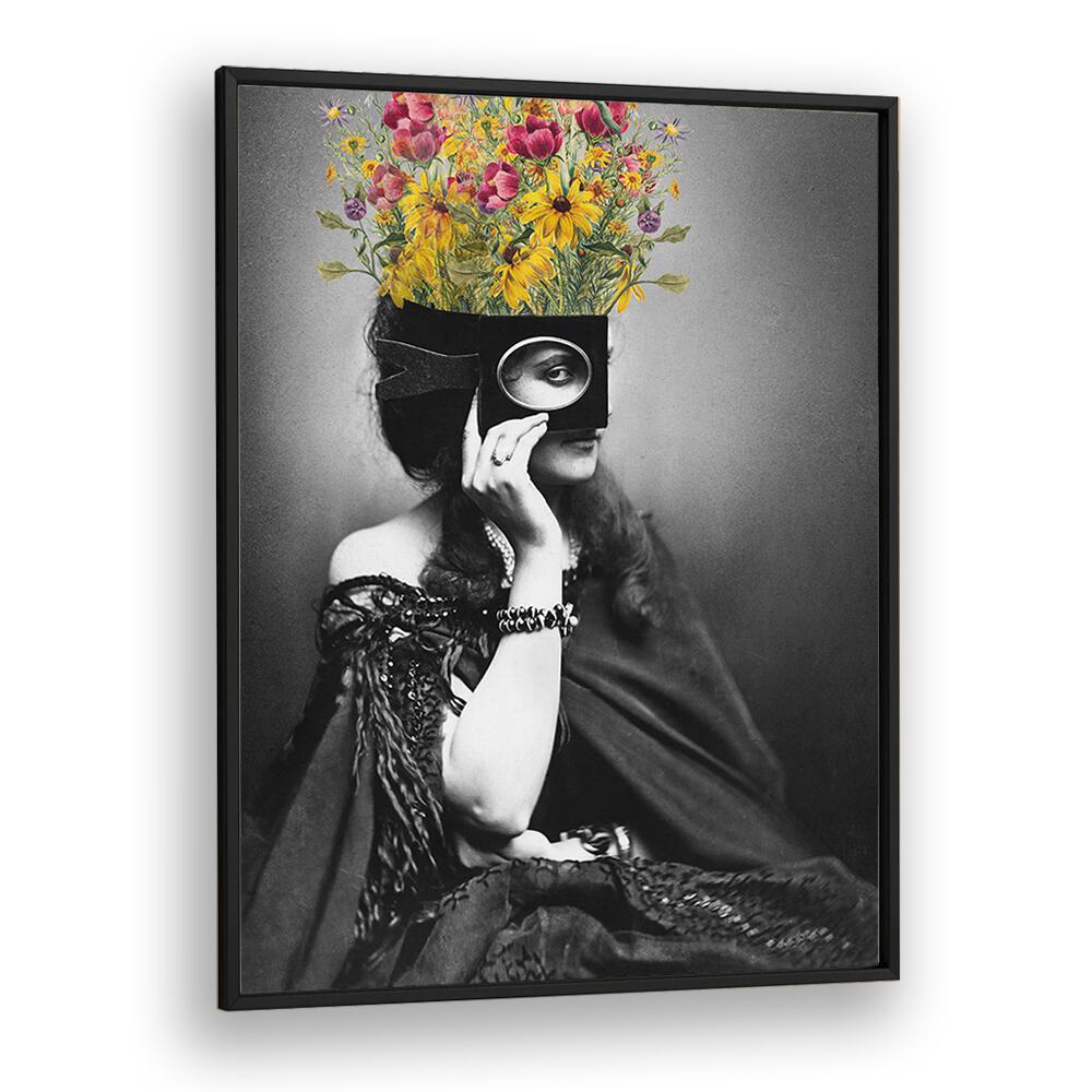 Elegant VINTAGE WOMAN WITH FLOWERS, ALTERED ART PRINTS framed art that beautifully blends vintage charm and modern aesthetics.