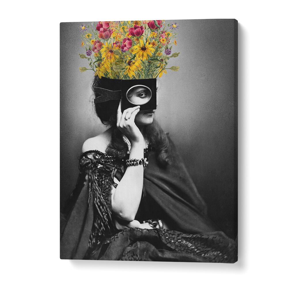 VINTAGE WOMAN WITH FLOWERS, ALTERED ART PRINTS features a timeless design perfect for any art lover's collection.