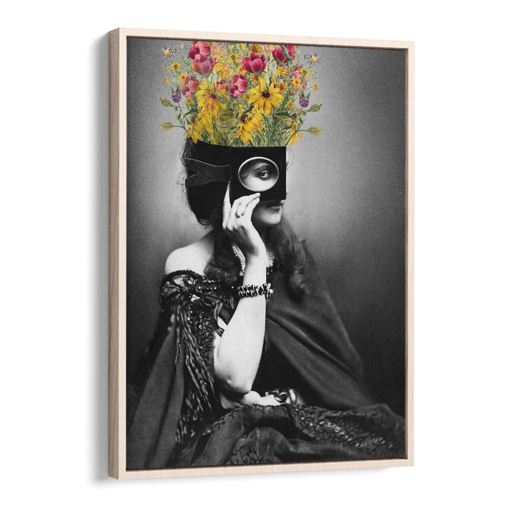 Elegant VINTAGE WOMAN WITH FLOWERS, ALTERED ART PRINTS in oak wood frame, showcasing timeless beauty by The Art Concept.