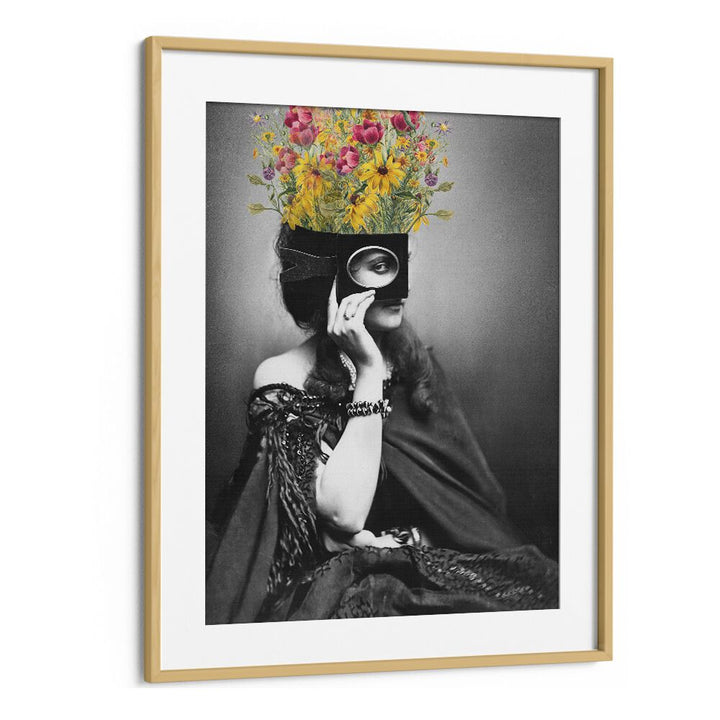Vintage woman with flowers, altered art prints in oak frame, showcasing timeless elegance by The Art Concept.