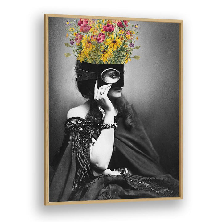 Elegant VINTAGE WOMAN WITH FLOWERS, ALTERED ART PRINTS in oak frame, showcasing timeless beauty by The Art Concept.