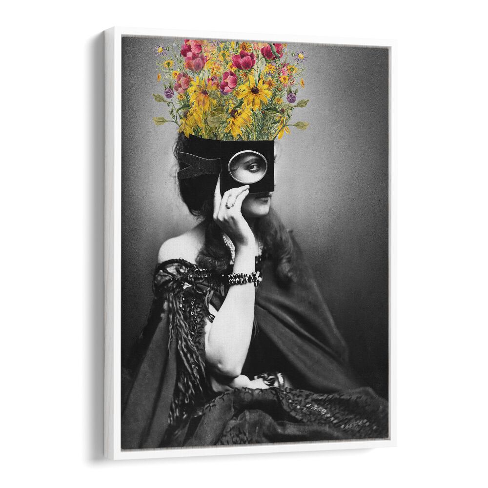 VINTAGE WOMAN WITH FLOWERS, ALTERED ART PRINTS showcases a timeless beauty adorned with vibrant blooms. Perfect for elegant decor.