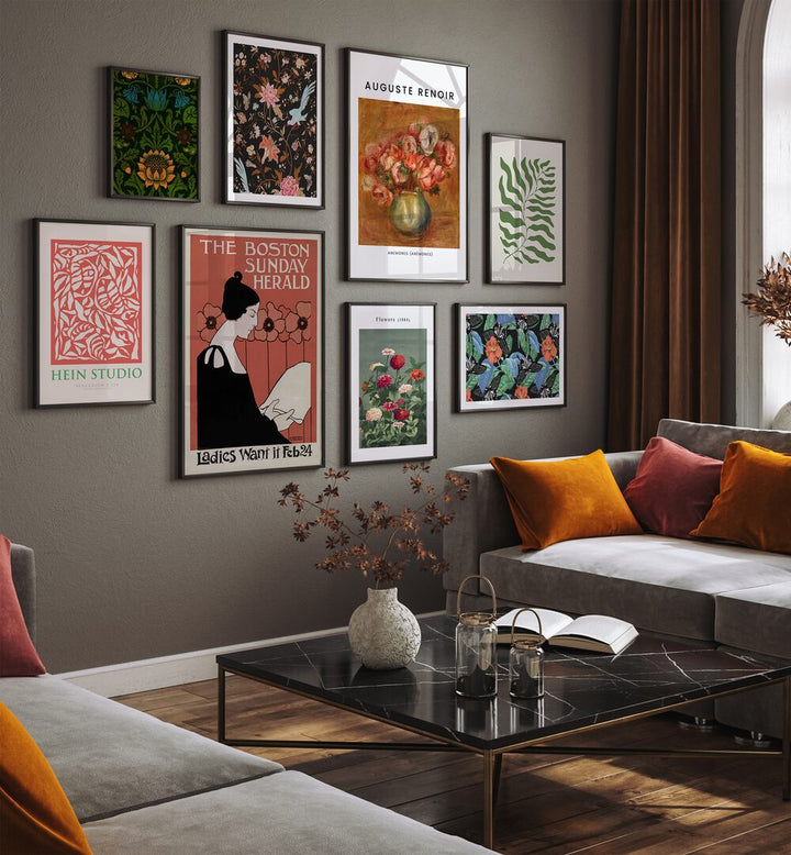 Enhance your living room with the Vintage Botanicals Gallery Wall, showcasing beautiful botanical prints for stylish gallery walls.