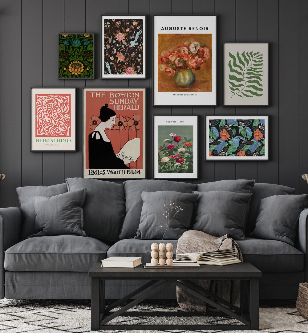 Transform your space with the Vintage Botanicals Gallery Wall, perfect for enhancing living room aesthetics.