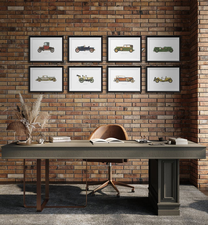 Stylish workspace featuring the VINTAGE CAR COLLECTION VOL II GALLERY WALL, GALLERY WALLS for classic elegance.