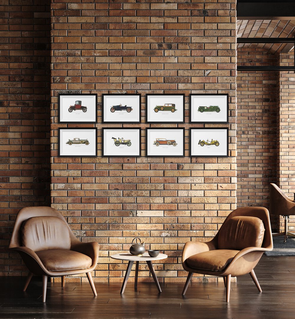 Framed art of classic cars in a stylish setting, perfect for the VINTAGE CAR COLLECTION VOL II GALLERY WALL, GALLERY WALLS.