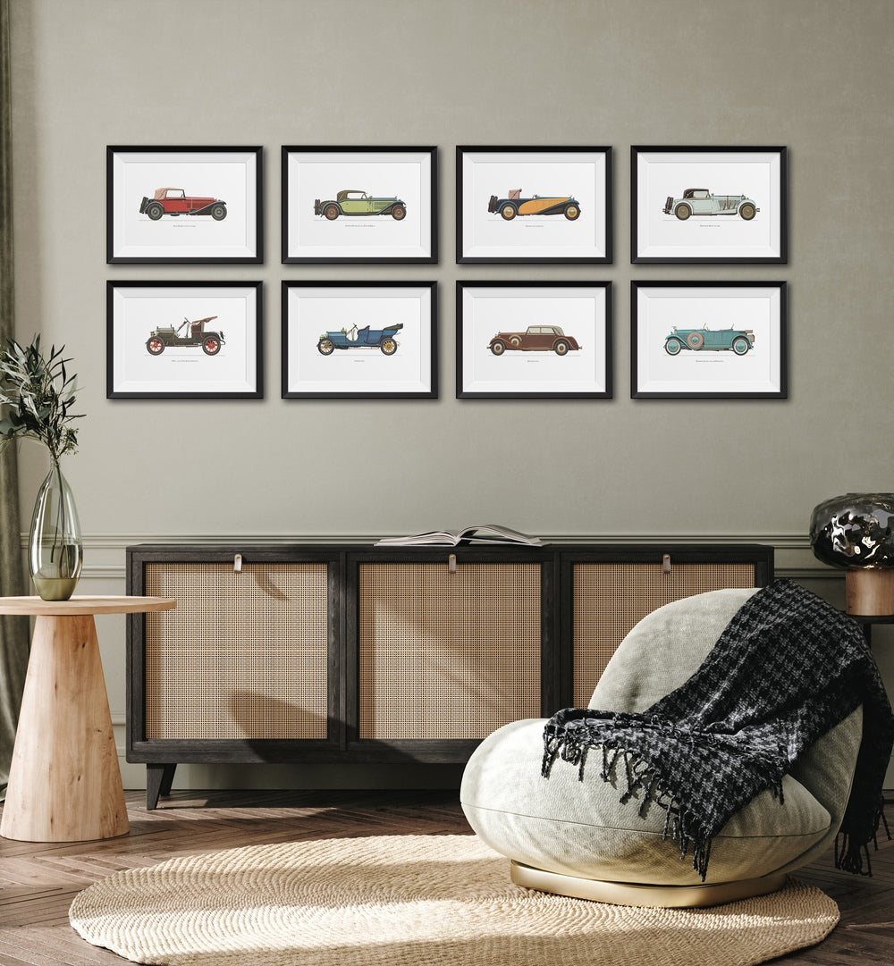 Vintage Car Collection Vol I Gallery Wall showcases framed art pieces, perfect for enhancing gallery walls in any home.