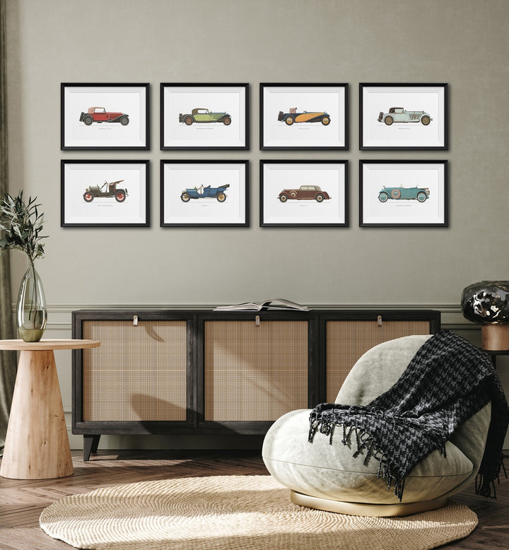 Vintage Car Collection Vol I Gallery Wall showcases framed art pieces, perfect for enhancing gallery walls in any home.