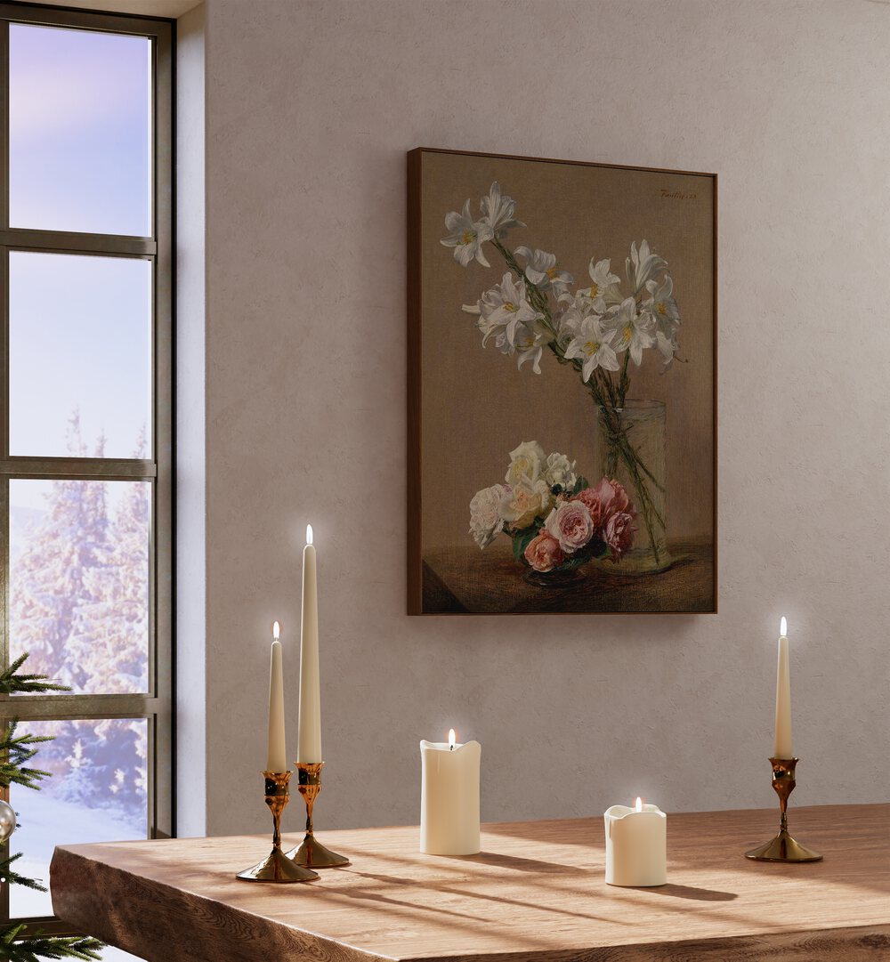 Elegant VINTAGE GALLERY WALL III featuring framed art prints and candles, enhancing cozy gallery walls ambiance.