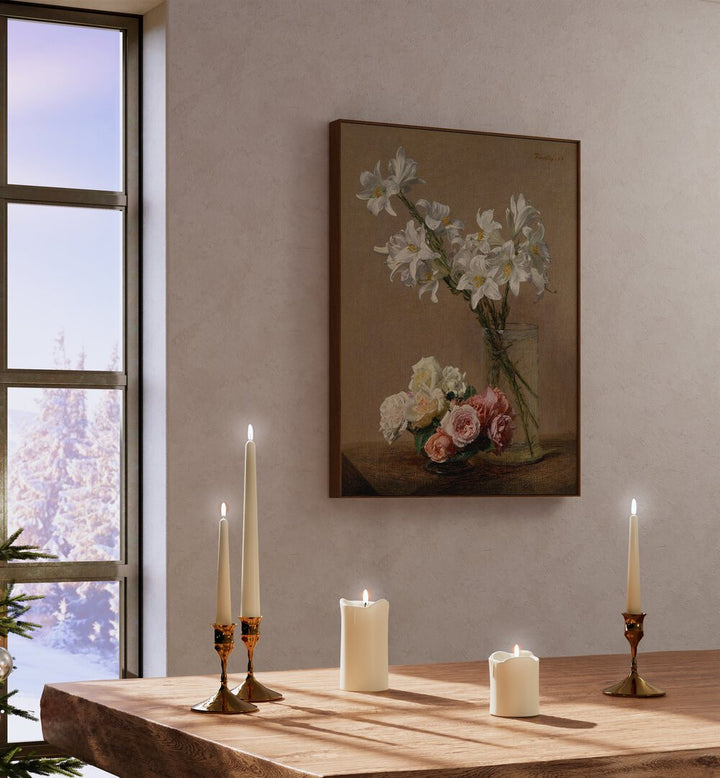 Elegant VINTAGE GALLERY WALL III featuring framed art prints and candles, enhancing cozy gallery walls ambiance.