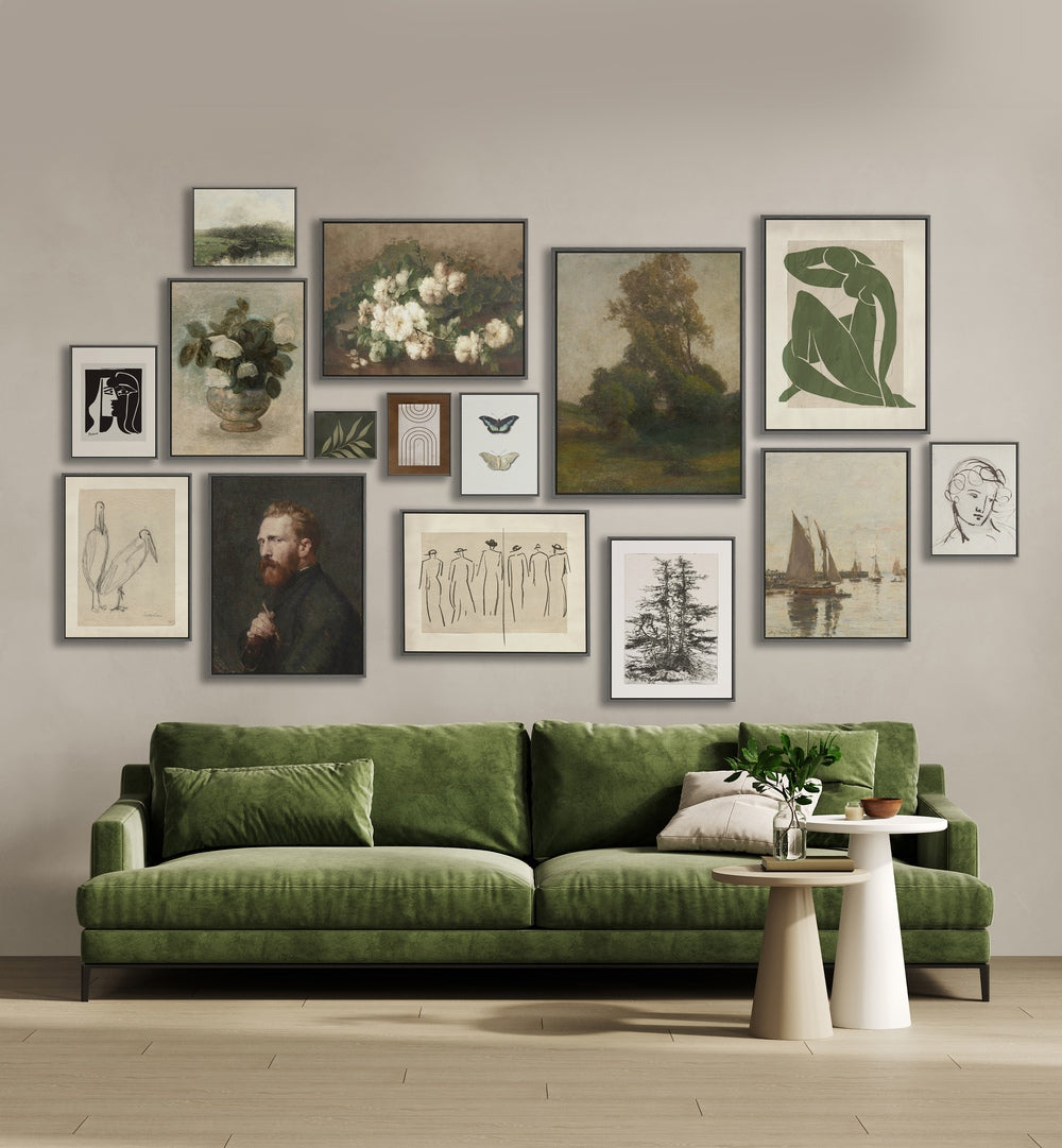 Stylishly arranged VINTAGE GALLERY WALL featuring timeless art prints, perfect for enhancing gallery walls in your home.