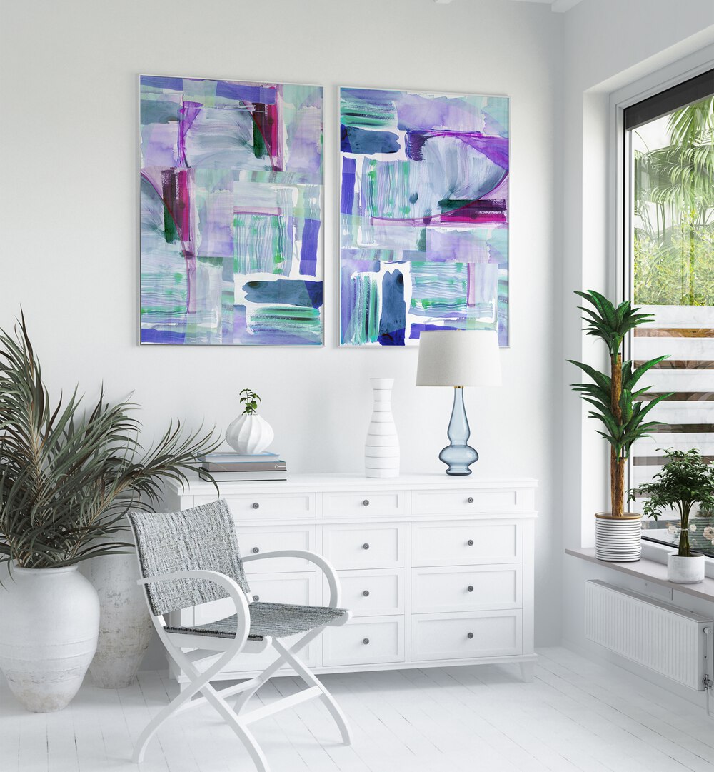 Elegant VIOLET ECHOES SET, SET OF 2 PAINTINGS, enhances any room with vibrant violet abstract artistry.