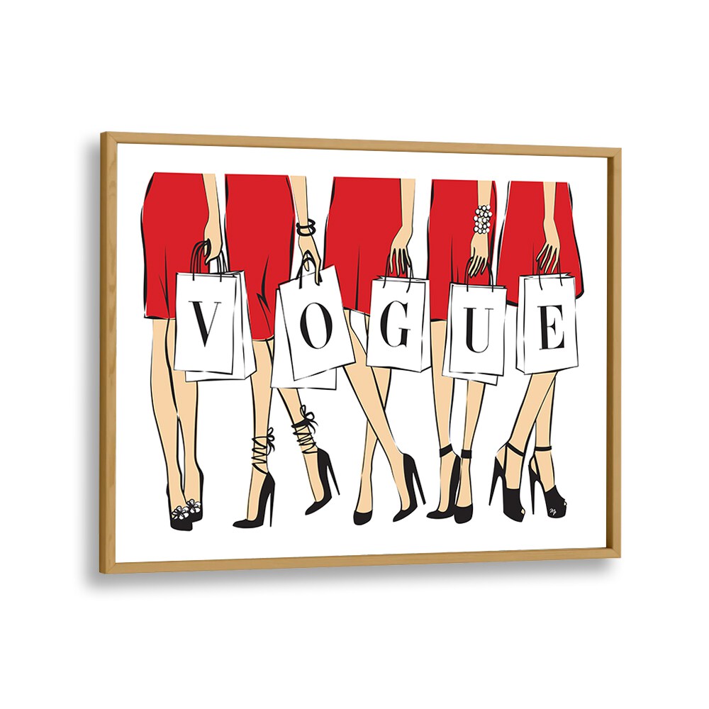 Elegant VOGUE GIRLS, FASHION POSTERS by Martina, showcasing stylish women with shopping bags in chic red dresses.