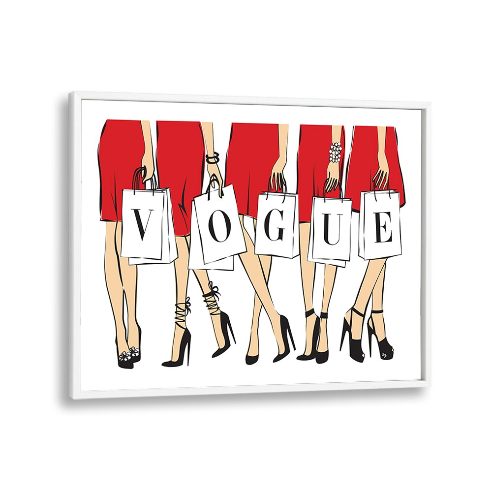 Elegantly framed VOGUE GIRLS, FASHION POSTERS showcasing stylish figures with shopping bags. Perfect for fashion lovers.