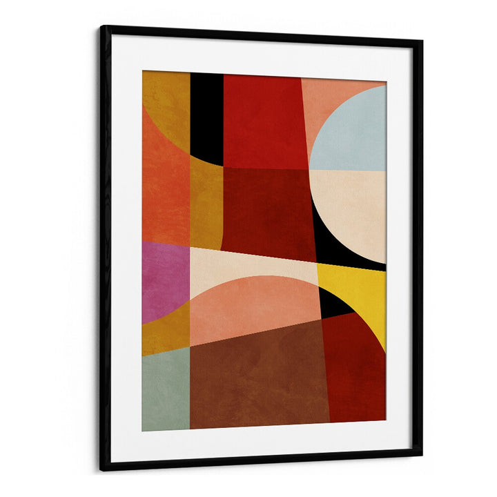 "Warm Colors Bauhaus Geometry II, abstract paintings showcasing vibrant shapes and rich colors in a stylish black frame."