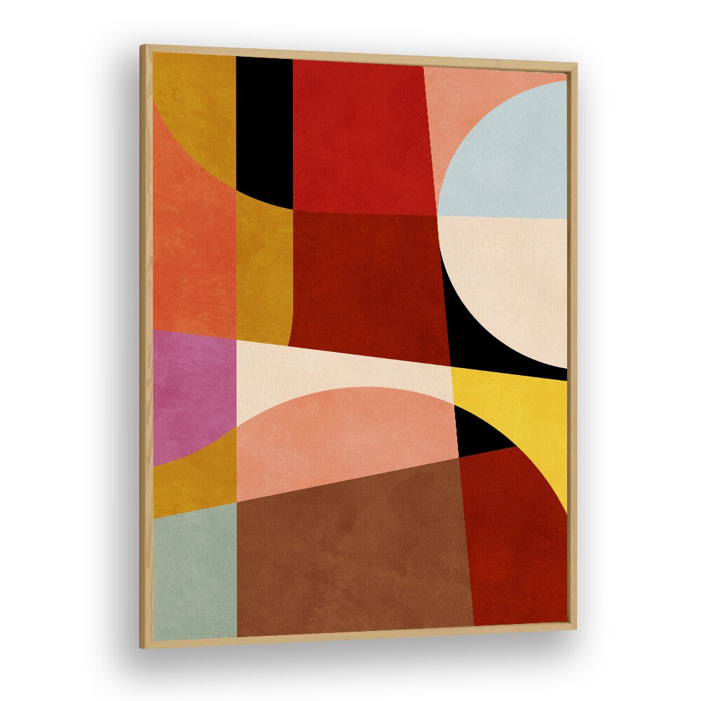 Colorful abstract design in oak frame, WARM COLORS BAUHAUS GEOMETRY II, ABSTRACT PAINTINGS for modern spaces.