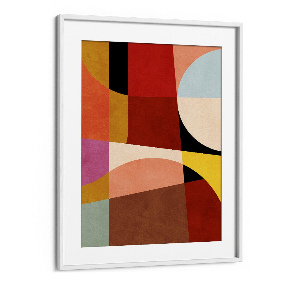 Vibrant "Warm Colors Bauhaus Geometry II" abstract painting in a white frame, perfect for transforming your space.
