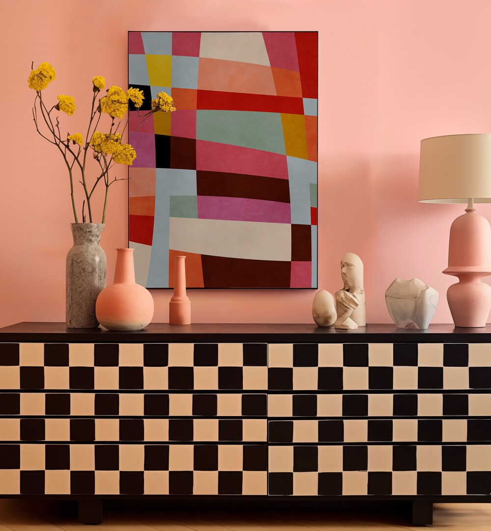 Warm Colors Geometry IV, abstract paintings by Ana Rut Bre, enhance modern spaces with vibrant geometric design.