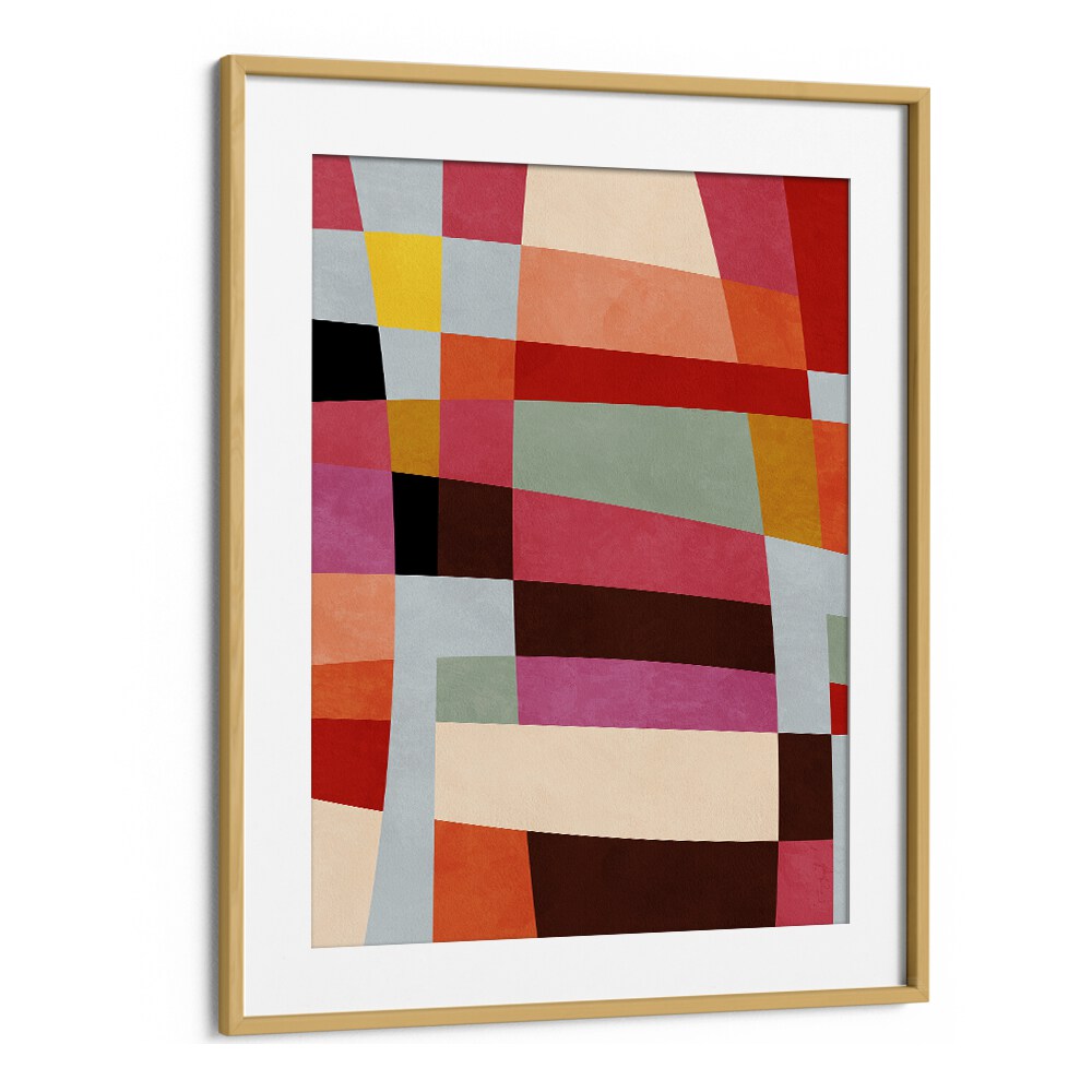 Warm Colors Geometry IV, abstract paintings by Ana Rut Bre, showcase vibrant hues in a modern oak frame.