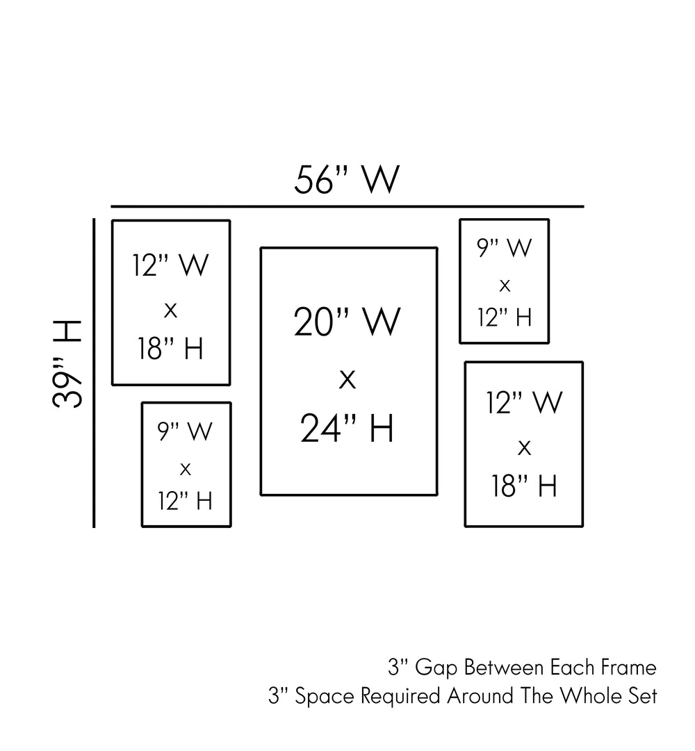 Stylish dimensions for our BOHO GALLERY WALL, GALLERY WALLS & SETS, perfect for elevating your living room decor.