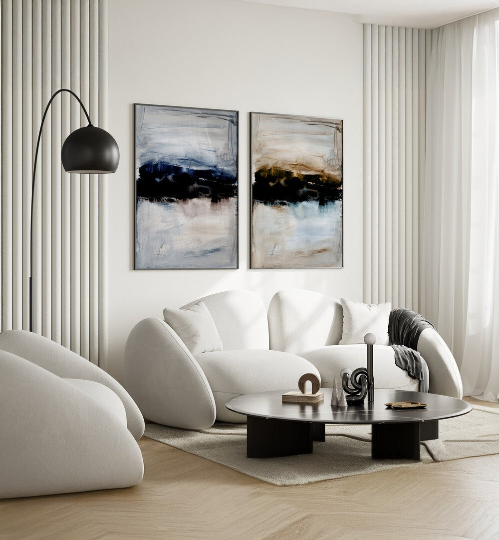 Stylish living room featuring the WATERCOLOURS ABSTRACTION SET, SET OF 2 PAINTINGS for modern decor enhancement.